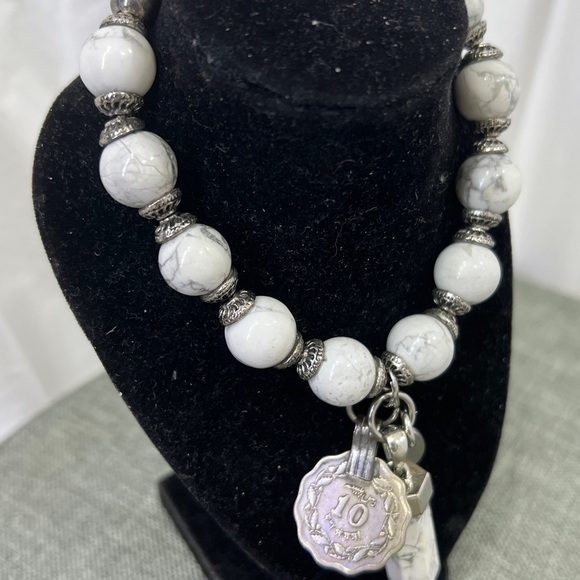 Unisex Howlite Gemstone Bracelet With Howlite Pendent and Silver Coin W/ Charm. - Picture 9 of 12